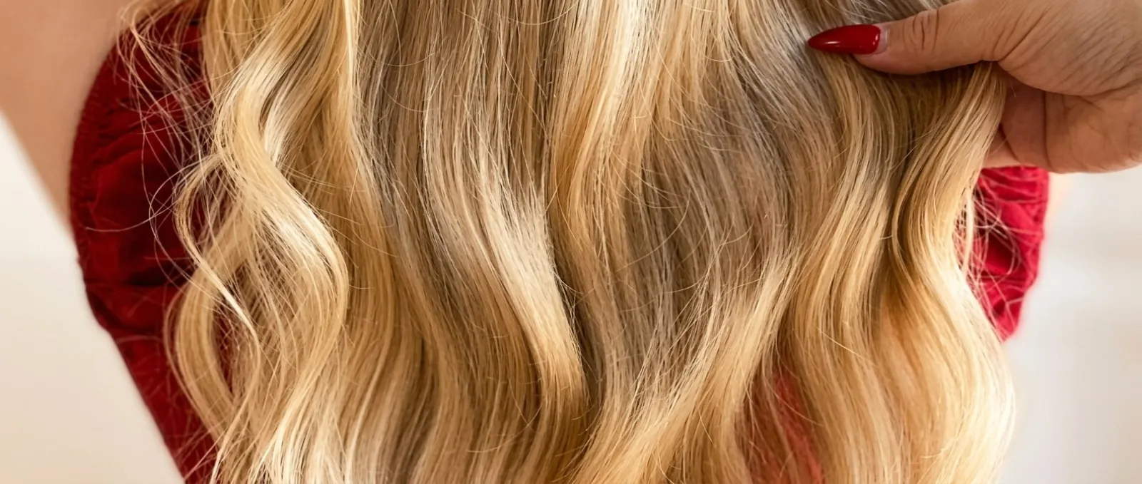 Long blonde hair waves styled by The Savvy Stylist hair salon in Gilbert